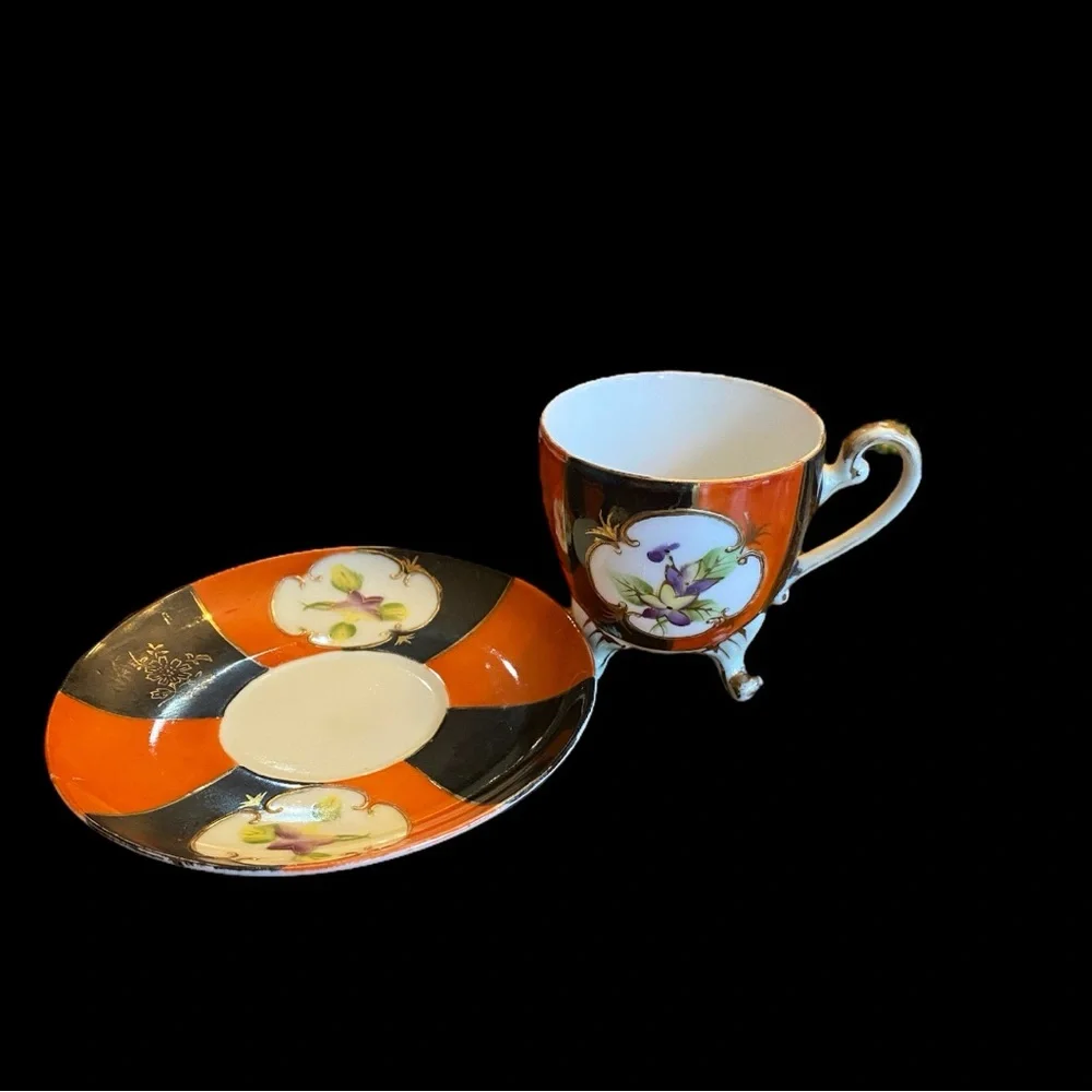 UCAGCO Vintage Footed Demitasse Cup Saucer Set Hand Painted Japan Orange Black
